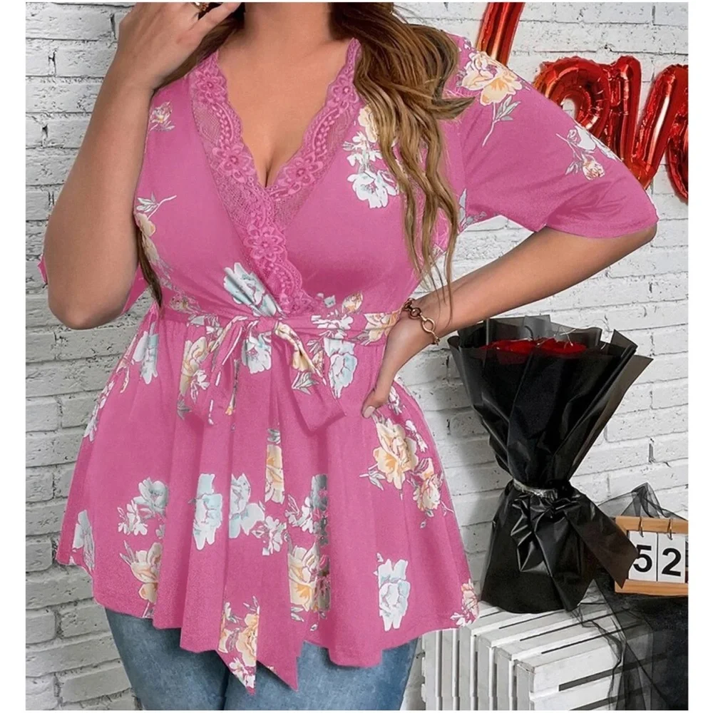 Plus Floral Print Lace Belted Top - Picture 7 of 9